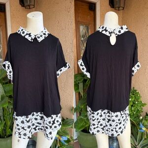 ELLE Mock Layer Top with White Floral Collar & Hem (XL)